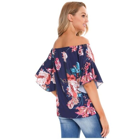 Off Shoulder Blouse Blue Red Floral Tie Front - Picture 4 of 13